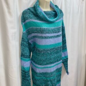 Free People Waterfalls Combo Teal and Gray Striped Cowl Neck Sweater Dress Tunic